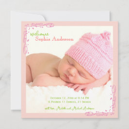 Zachte Roze Werveltje Baby Meisje Foto Geboorte Aankondiging