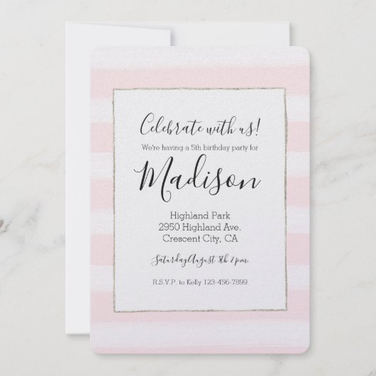 Zachte roze witte strepen Waterverf Verjaardag Kaart (Voorkant)