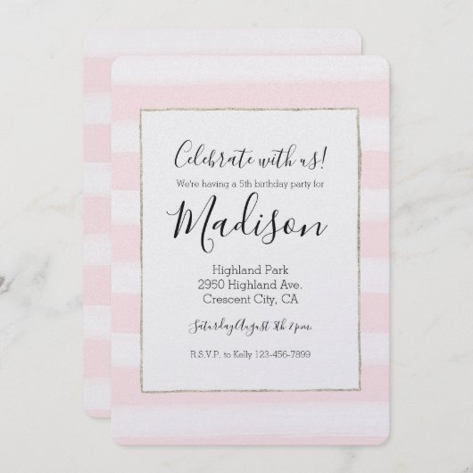 Zachte roze witte strepen Waterverf Verjaardag Kaart (Voorkant / Achterkant)