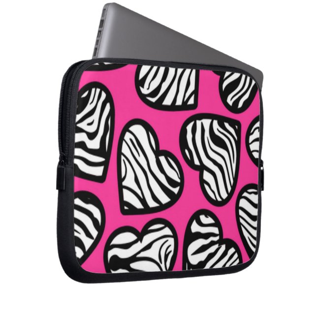 Zachte roze zwart witte zebra patroon hart laptop sleeve (Voorkant Rechts)