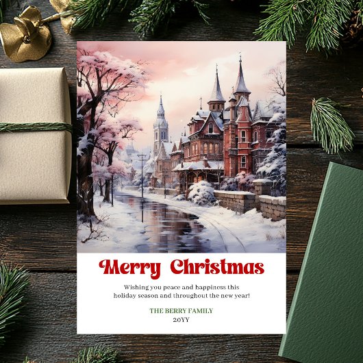 Zachte rustieke kerstscène met speelse lettertypog feestdagenkaart