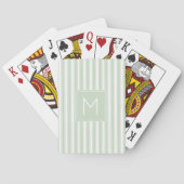 Zachte Sage Groen en Wit Ticking Strepen Monogram Pokerkaarten (Achterkant)