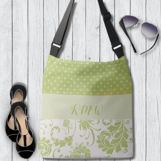 Zachte salie damast en grunge stippen crossbody tas