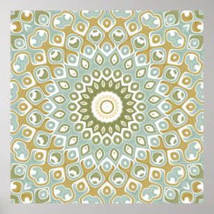 Zachte Salie en Gouden Geometrische Mandala Patroo Poster