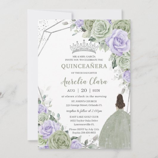 Zachte Salie Groen Paarse Bloemen Zilver Quinceañe Kaart (Voorkant)