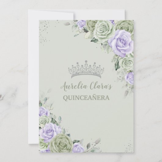 Zachte Salie Groen Paarse Bloemen Zilver Quinceañe Kaart (Achterkant)