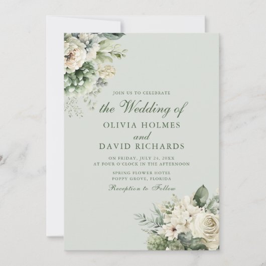 Zachte Salie Groene Bloemige Elegante Trouw Uitnod Kaart (Voorkant)