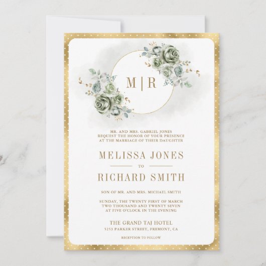 Zachte Salie Groene Bloemige Gouden All-in-One Tro Kaart (Voorkant)