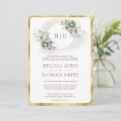 Zachte Salie Groene Bloemige Gouden All-in-One Tro Kaart (Staand voorkant)