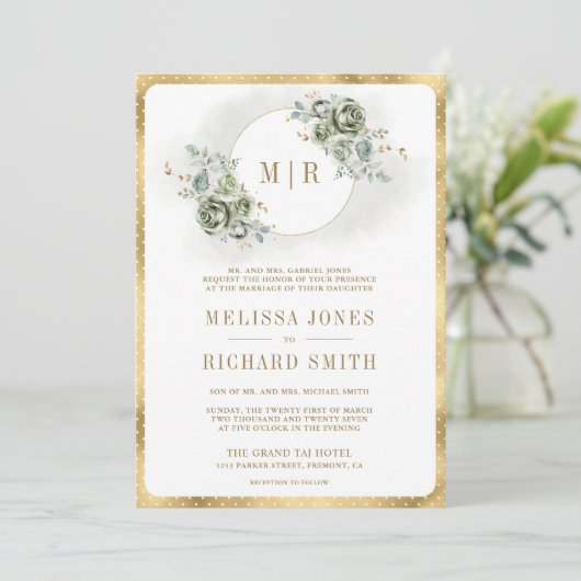 Zachte Salie Groene Bloemige Gouden All-in-One Tro Kaart (Staand voorkant)