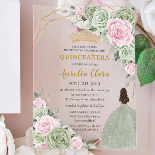 Zachte Saliegroen Roze Bloemengoud Quinceañera Acryl Uitnodigingen