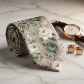 Zachte Saliegroen & Witte Bloemen Stropdas