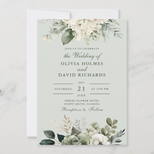Zachte Saliegroene Bloemige Klassieke Trouw Uitnod Kaart (Voorkant)
