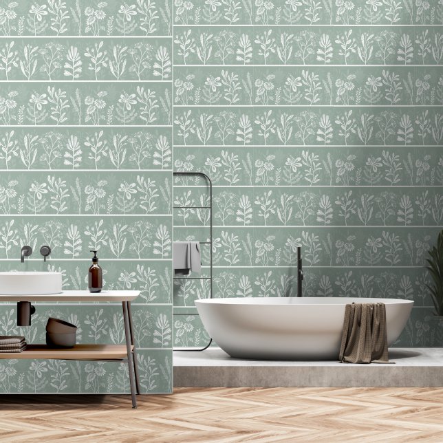Zachte Saliegroene Whimsicale Botanische Silhouet  Behang (Badkamer)