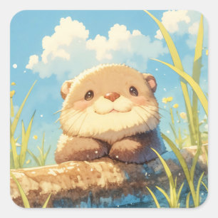 Zachte Schattige Baby Otter op Stam met Blauwe Luc Vierkante Sticker