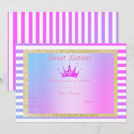 ZACHTE SIXTEEN PASTEL STRIPE TIARA BIRTHDAY GOLD KAART (Voorkant / Achterkant)