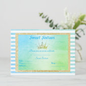 ZACHTE SIXTEEN PASTEL STRIPE TIARA BIRTHDAY GOLD KAART (Staand voorkant)