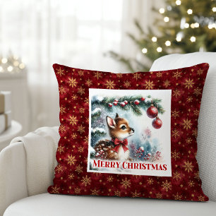 Zachte Sneeuwige Ree Watercolorscène Cadeau Kerstm Kussen