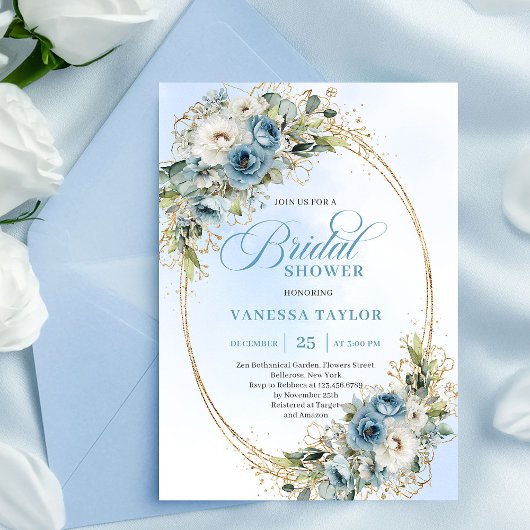 Zachte Stofachtige Blauwe Bloemrijke Script Bruilo Kaart
