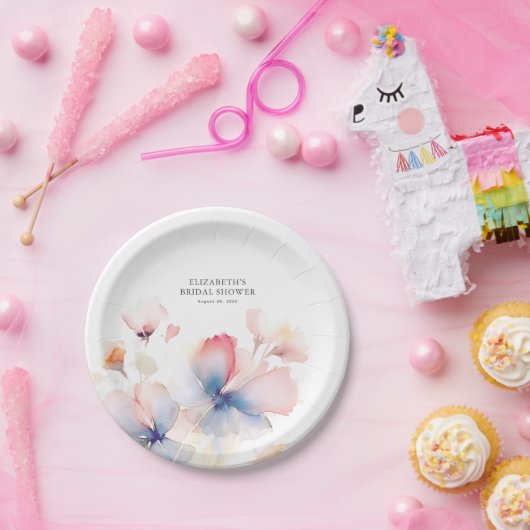 Zachte Stofachtige Blauwe en Roze Bloemen Elegant Papieren Bordje (Feest)