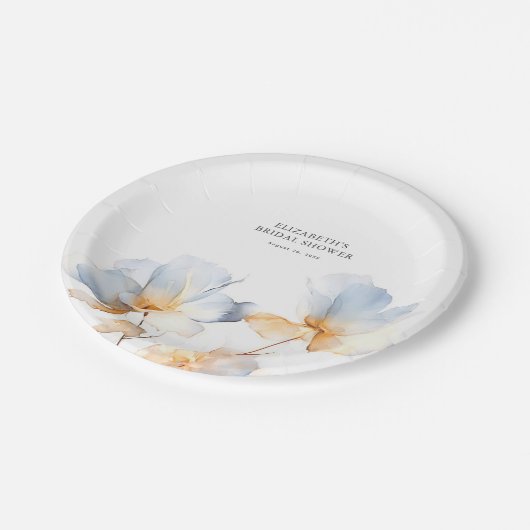 Zachte Stoffige Blauwe en Gouden Elegante Bloemen Papieren Bordje (Gekanteld)