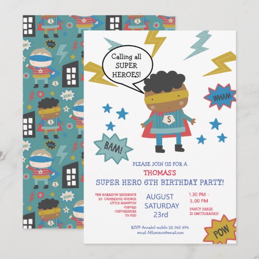 Zachte superheld thema kinderfeest uitnodiging (Voorkant / Achterkant)