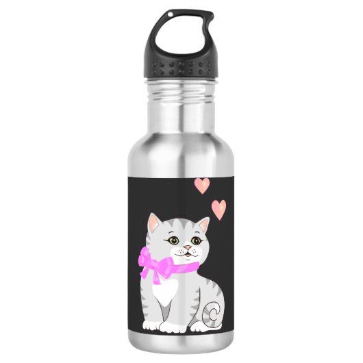 Zachte Tabby Kat en Hartjes op Zwart Waterfles (Voorkant)