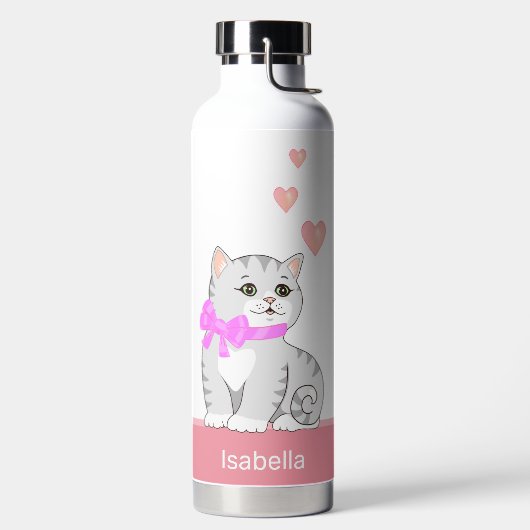 Zachte Tabby Kat & Hartjes op Roze & Wit Waterfles (Links)