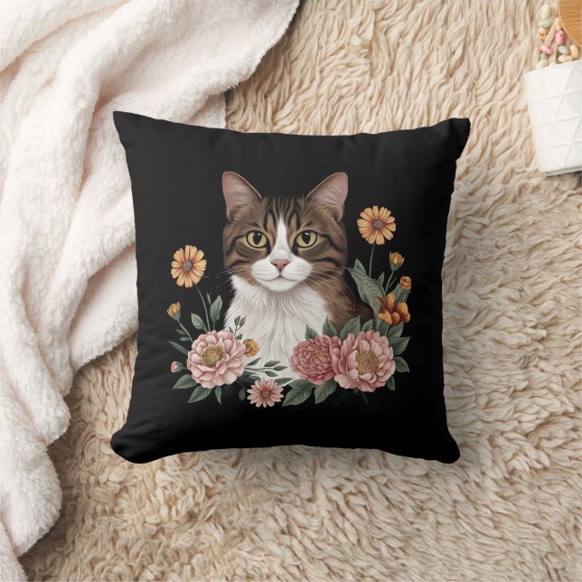 Zachte Tabby Kat met Bloemen  Kussen (Deken)