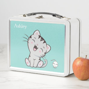 Zachte Tabby Kat & Muis op Lichtblauw