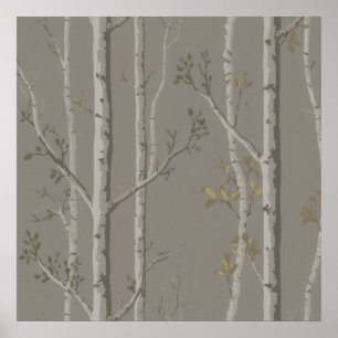 Zachte Taupe Berk Bomen Sage Blad Kunst Poster