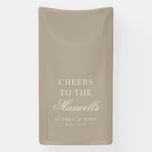 Zachte Taupe Ivoor Cheers Script Bruiloft Spandoek (Verticaal)
