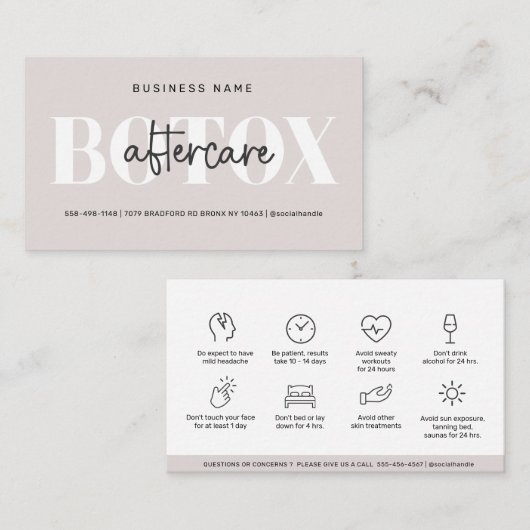 Zachte Taupe Moderner Botox Nazorggids Visitekaartje (Voorkant / Achterkant)