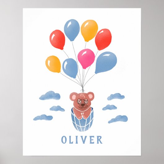 Zachte Teddbeer Blauwe Ballonnen Jongensnaam Poste Poster (Voorkant)