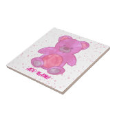 Zachte teddybeer aangepaste tekst roze tegeltje (Zijkant)