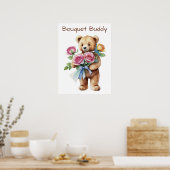 Zachte teddybeer met bloemenboeket poster (Keuken)