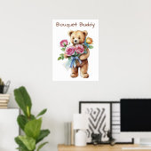 Zachte teddybeer met bloemenboeket poster (Thuiskantoor)