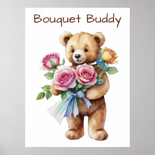 Zachte teddybeer met bloemenboeket poster (Voorkant)