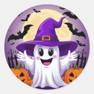 Zachte Tekenfilm Geest Heksenhoed Pompoen Hallowee Ronde Sticker