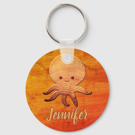 Zachte Tekening Octopus Met Nep Houtprint Sleutelhanger (Voorkant)