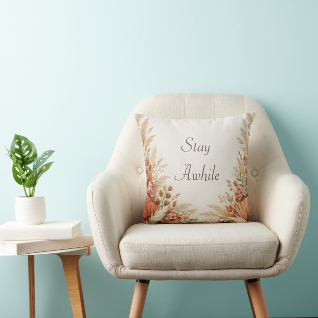 Zachte Terracotta Boho Bloemen Pampas Lijst Kussen (Stoel)