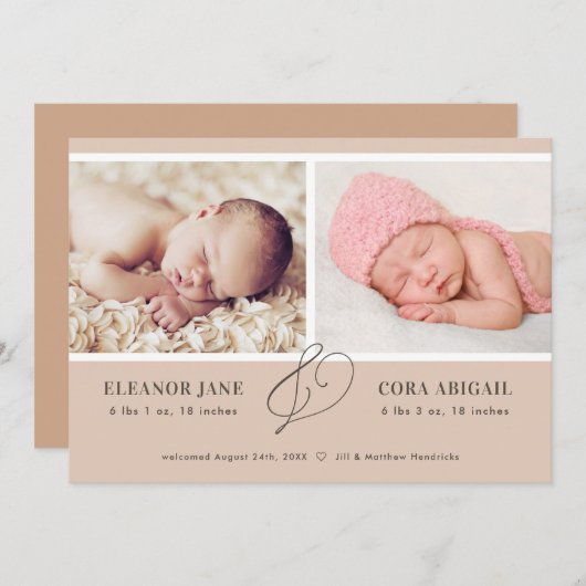 Zachte Terracotta Modern Twins Birth Aankondiging (Voorkant / Achterkant)