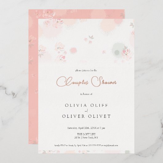 Zachte Theerozen Koppel Shower Folie Uitnodiging (Voorkant / Achterkant)