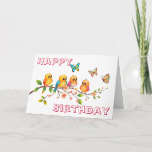 Zachte tjilpende vogels en vlinders verjaardag kaart