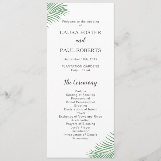 Zachte Tropische Palm Leaf Wedding Programma Programmakaart (Voorkant)