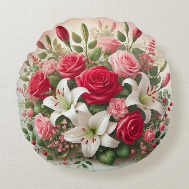 Zachte Valentijnsdag bloemboeket  Rond Kussen (Voorkant)