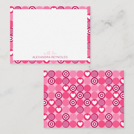 Zachte Valentijnsdag Roze Hart en Bloem Patroon Notitiekaartje (Voorkant / Achterkant)