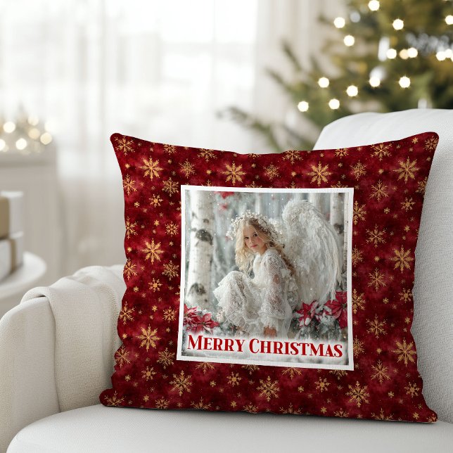 Zachte Vintage Engel Rood Goud Kerst Cadeau  Kussen (Gentle Vintage Angel Red Gold Christmas Gift Pillow)