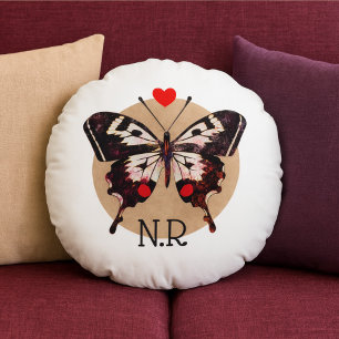 Zachte vintage grunge vlinder & hart met monogram rond kussen