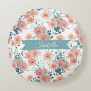 Zachte Vintage Lente Roze Bloemige Gepersonaliseer Rond Kussen